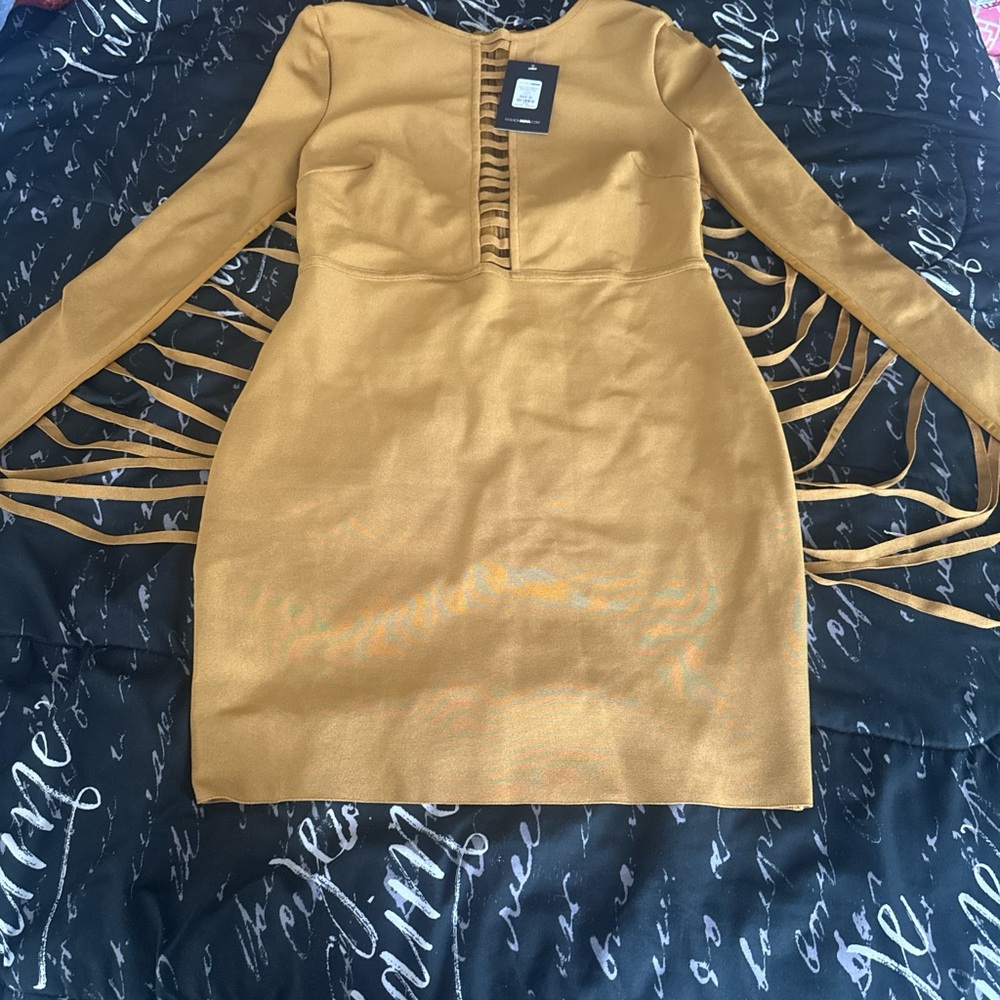 Fashion Nova Gold Long Sleeve Bodycon Dress